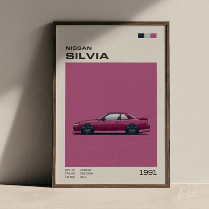 framed digital art of 1991 Nissan Silvia with dark frame and pink background