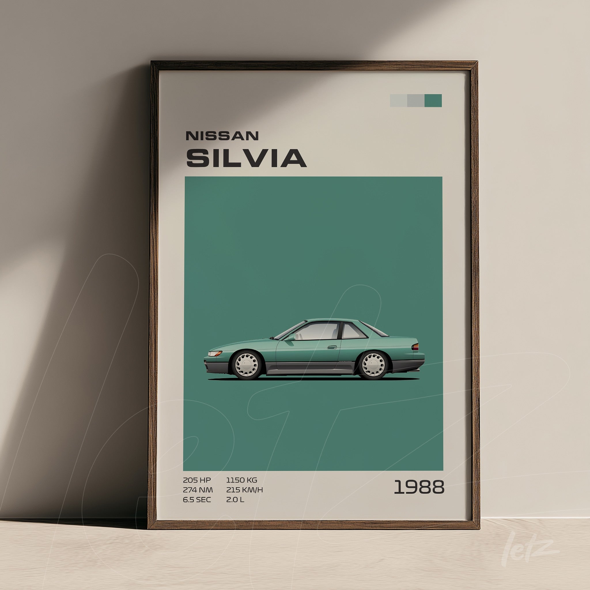 framed minimalist illustration of the 1988 Nissan Silvia in dark wooden frame