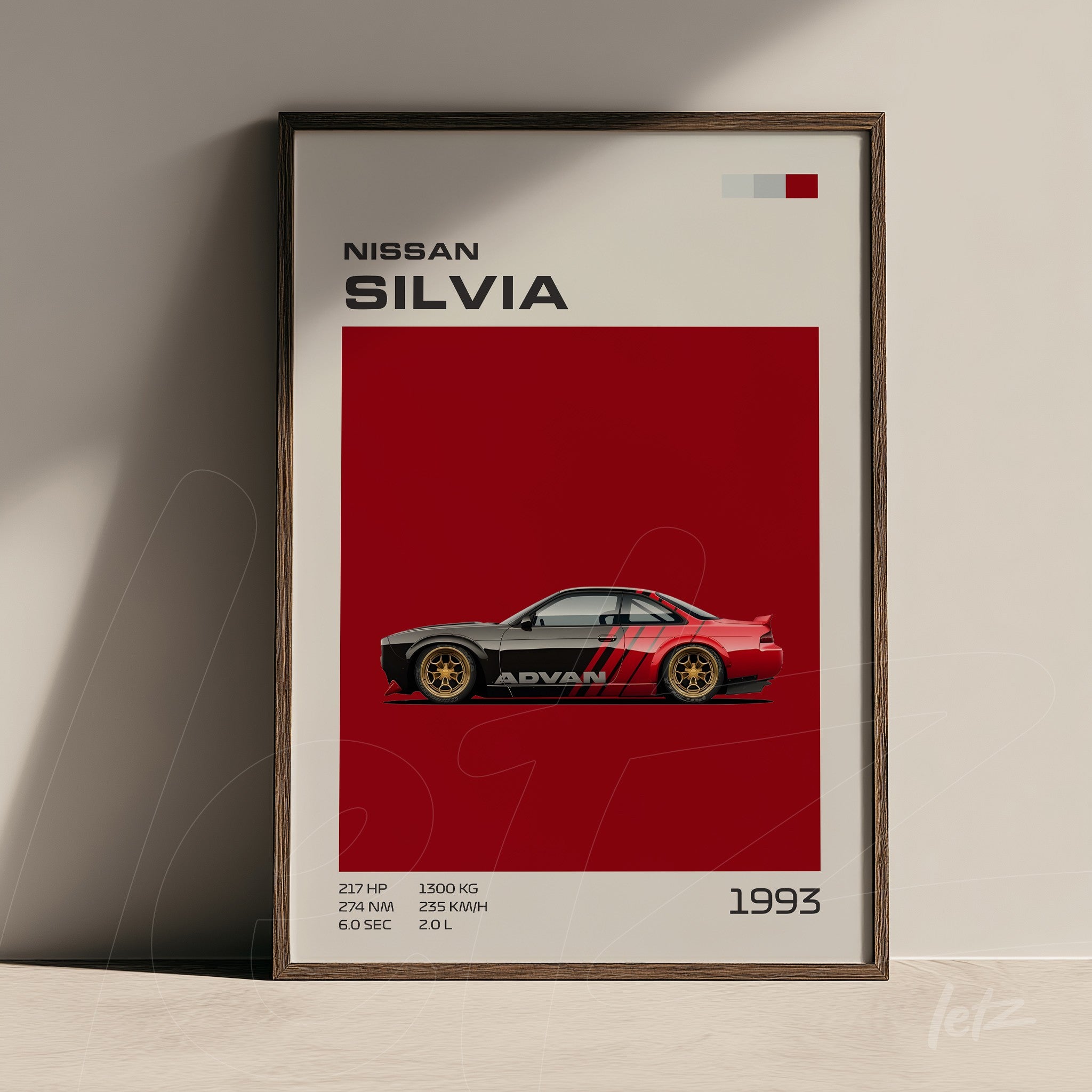 framed wall art featuring an illustration of the 1993 Nissan Silvia on a red background with dark wood frame