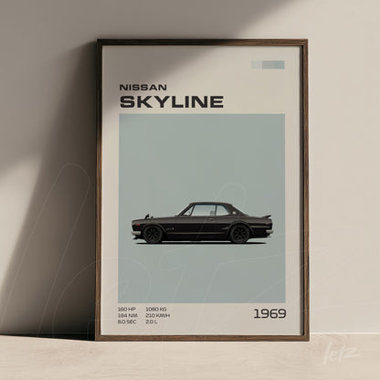 framed minimalist illustration of the 1969 Nissan Skyline in dark frame