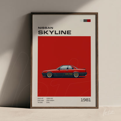 framed wall art featuring a digital illustration of a 1981 Nissan Skyline with a dark wooden frame and red background