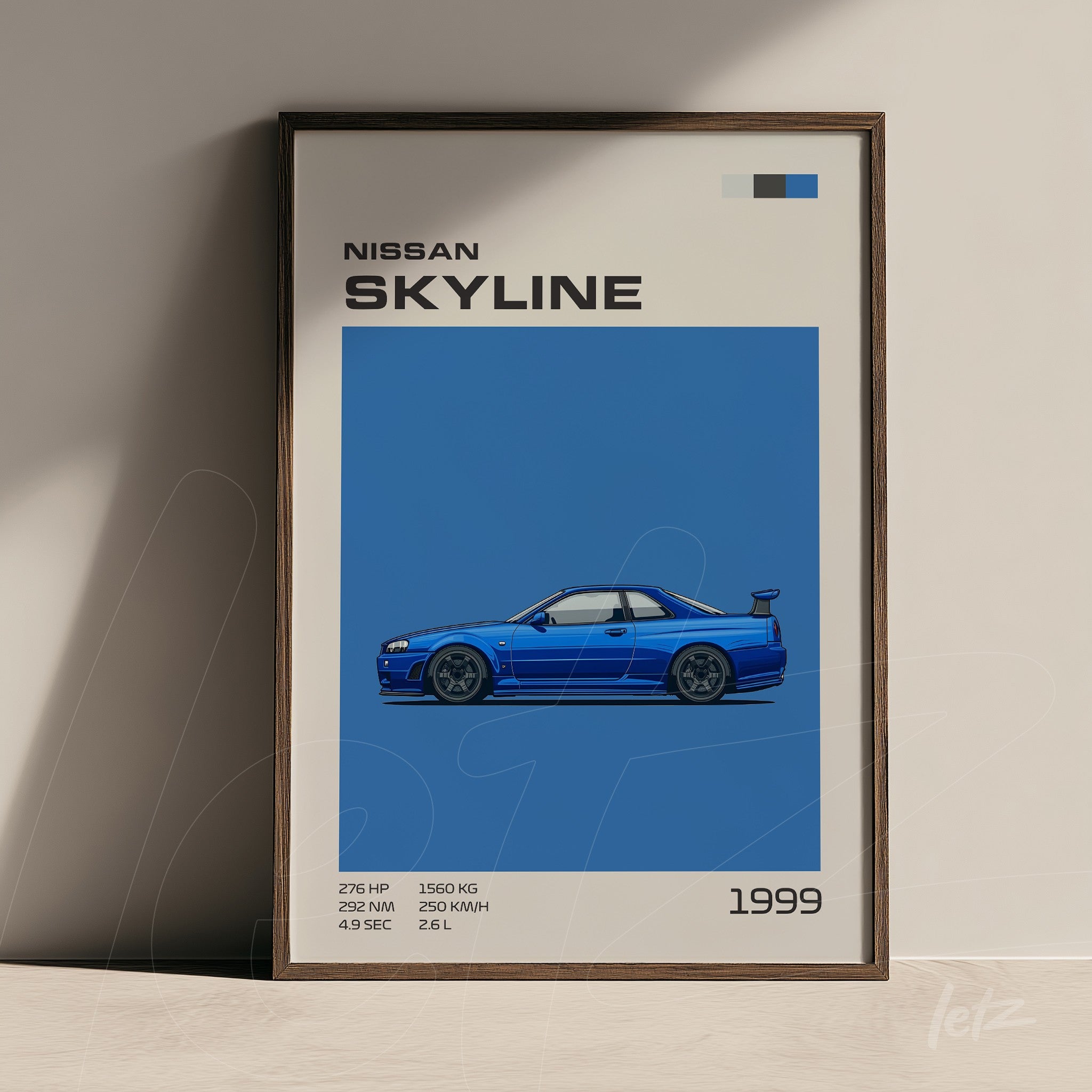 framed digital art of a blue Nissan Skyline car with technical specifications displayed on a light background