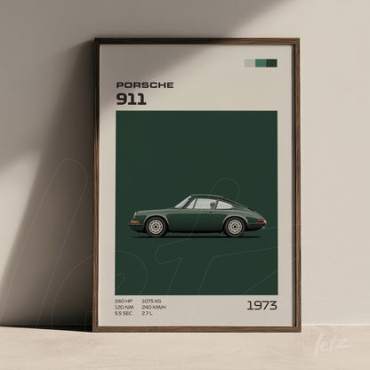 framed wall art featuring a modern illustration of a green Porsche 911 on a monochrome background