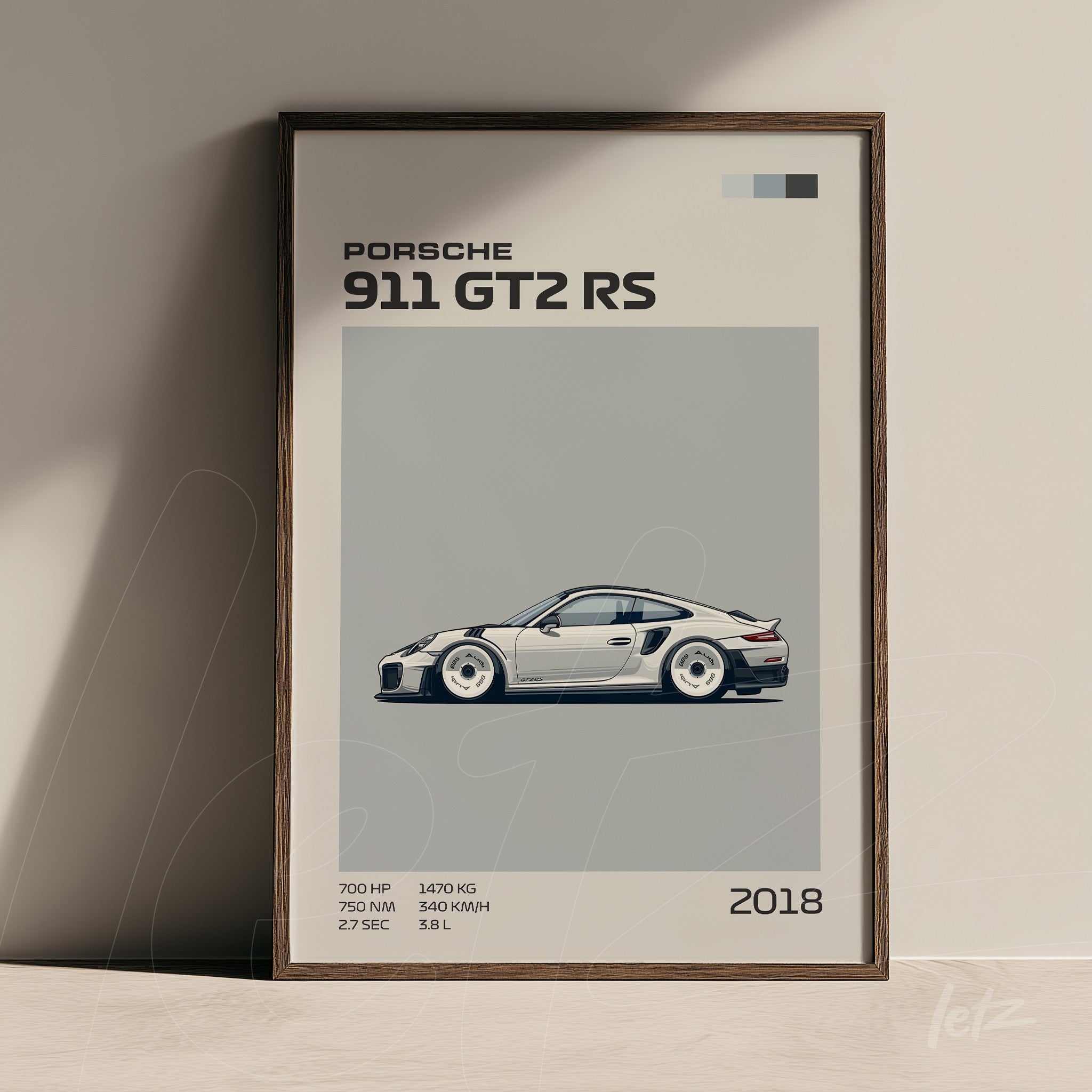 framed artwork featuring a stylized illustration of Porsche 911 GT2 RS with dark frame