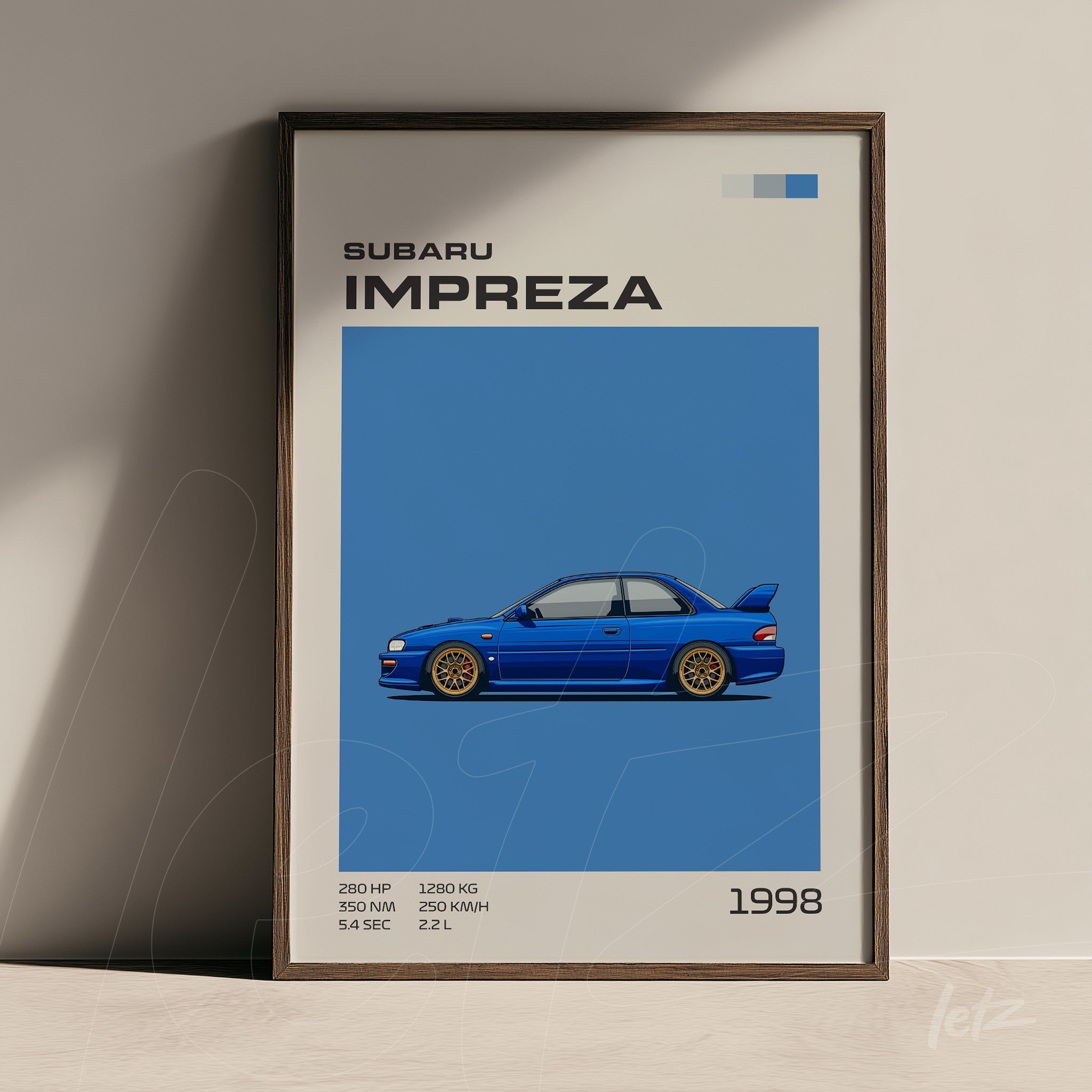 framed wall art of a Subaru Impreza in blue background with dark frame