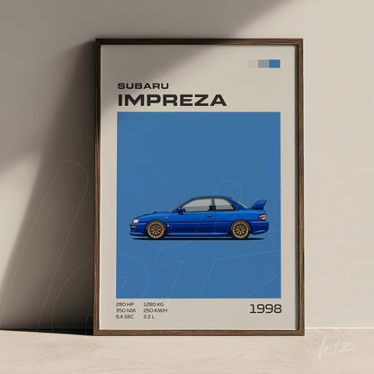 framed wall art of a Subaru Impreza in blue background with dark frame