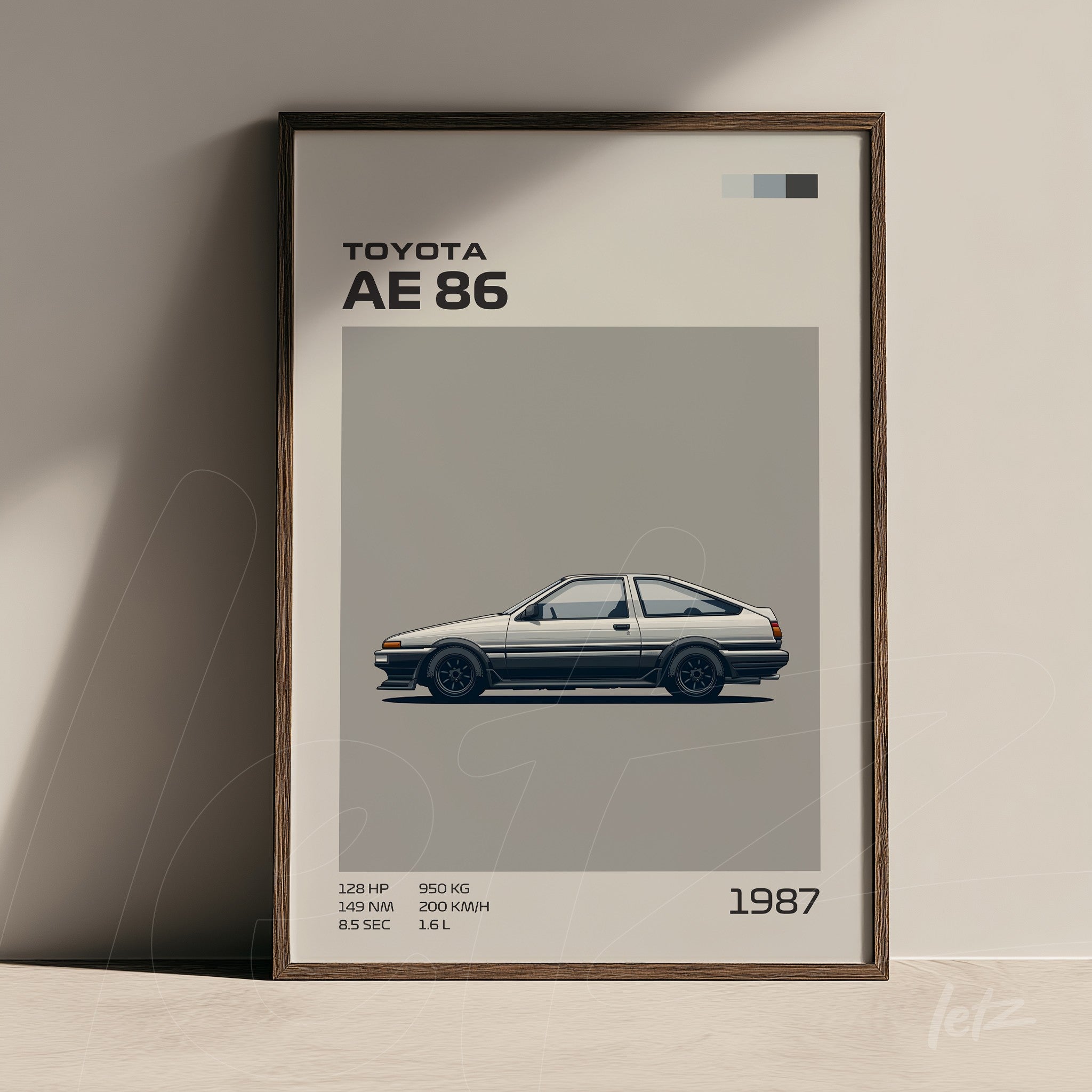 wall art featuring a digital illustration of the Toyota AE 86 in a dark wood frame