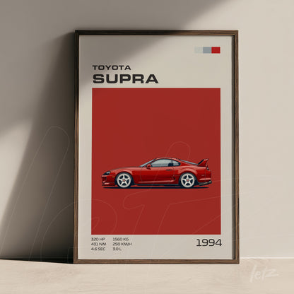 framed art featuring the 1994 Toyota Supra illustration on a red background with dark frame