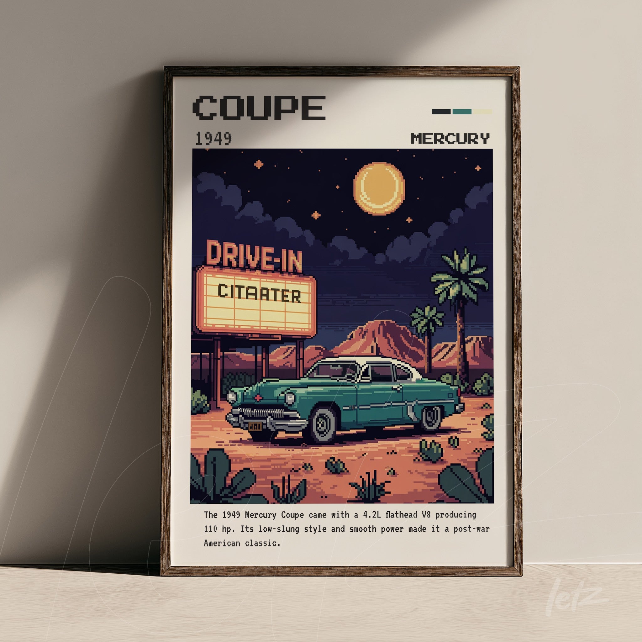 retro style framed art of a 1949 Mercury Coupe at a drive-in scene under a full moon with a dark frame