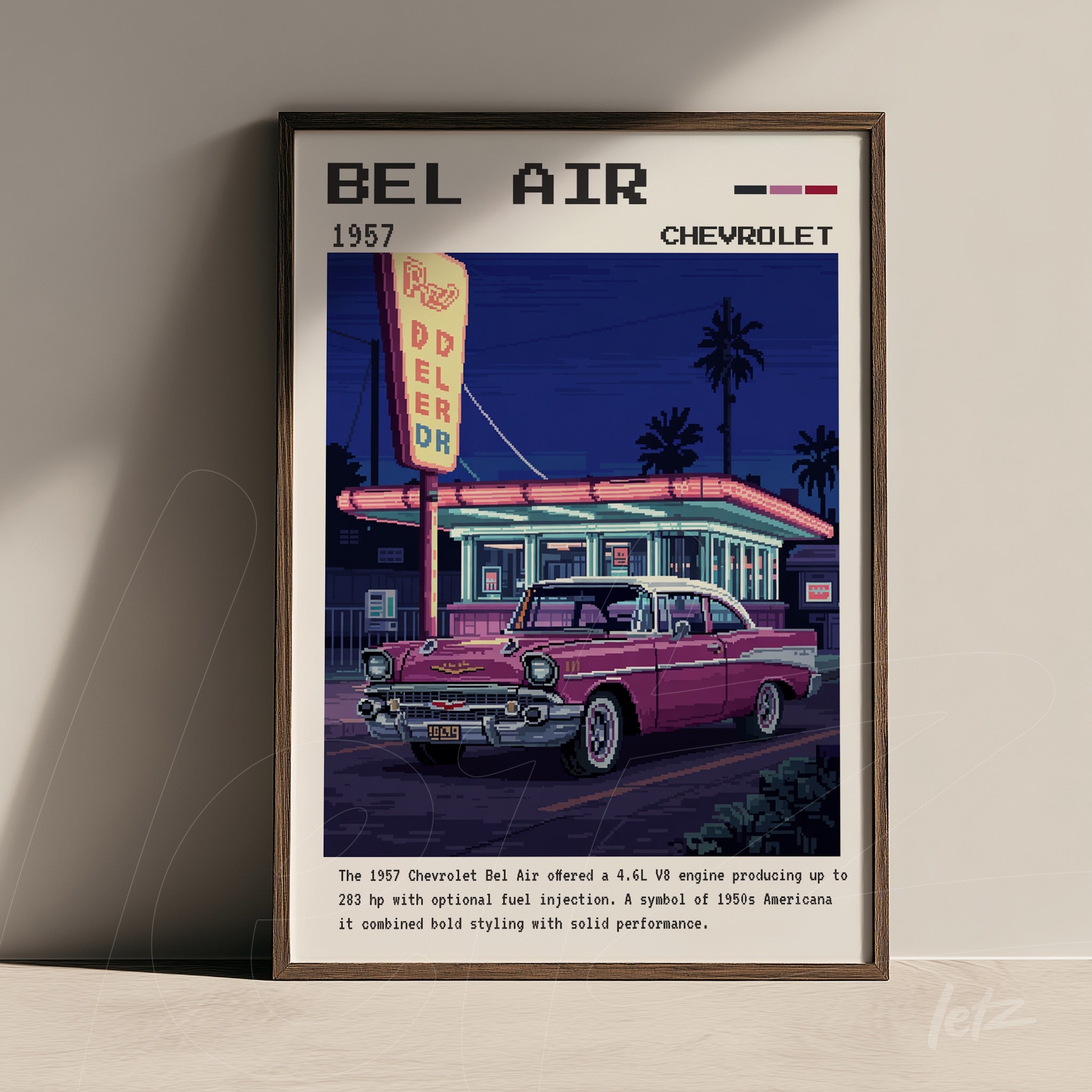 framed retro art of 1957 Chevrolet Bel Air displayed in soft evening light
