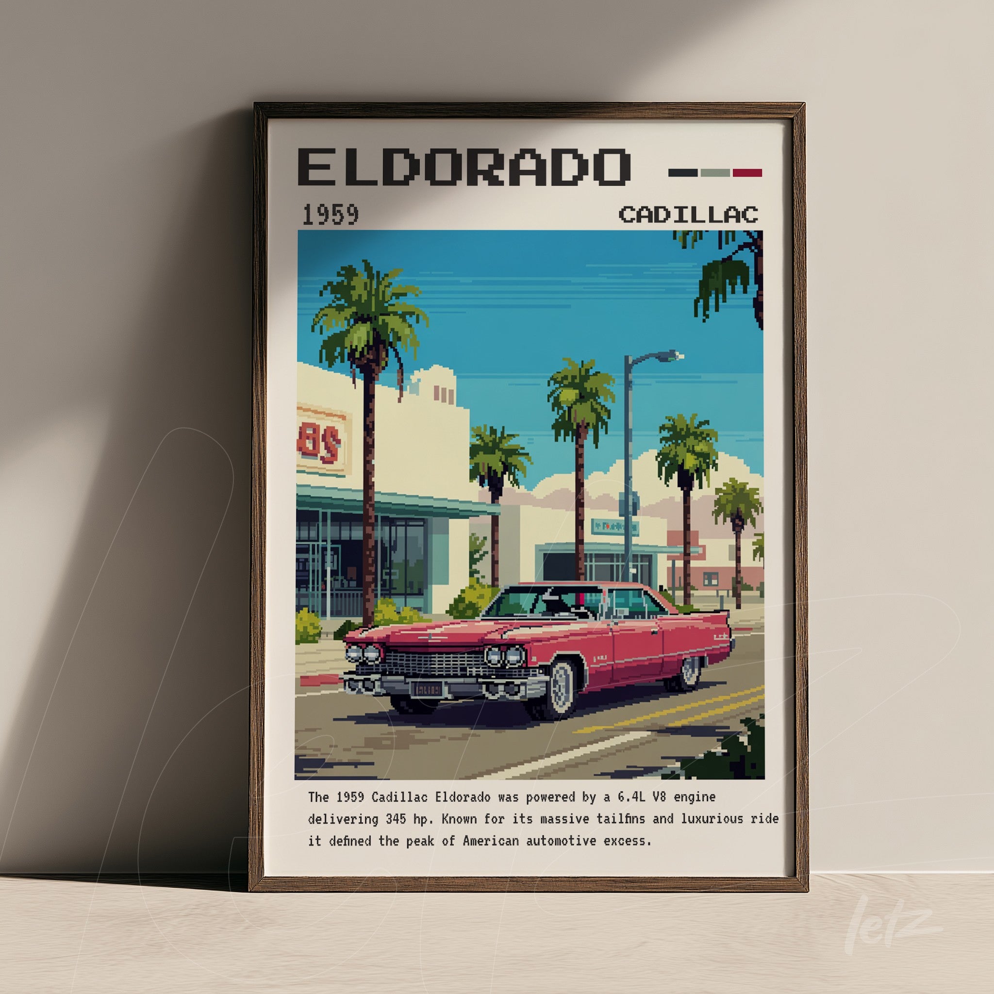 retro digital art print of a 1959 Cadillac Eldorado framed in dark frame against light background