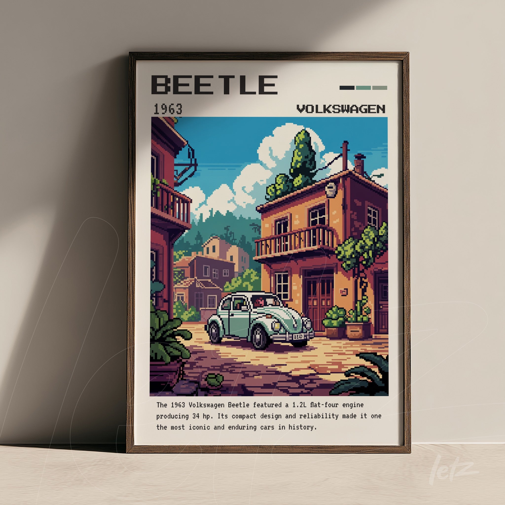 pixel art framed print of 1963 Volkswagen Beetle with dark wooden frame