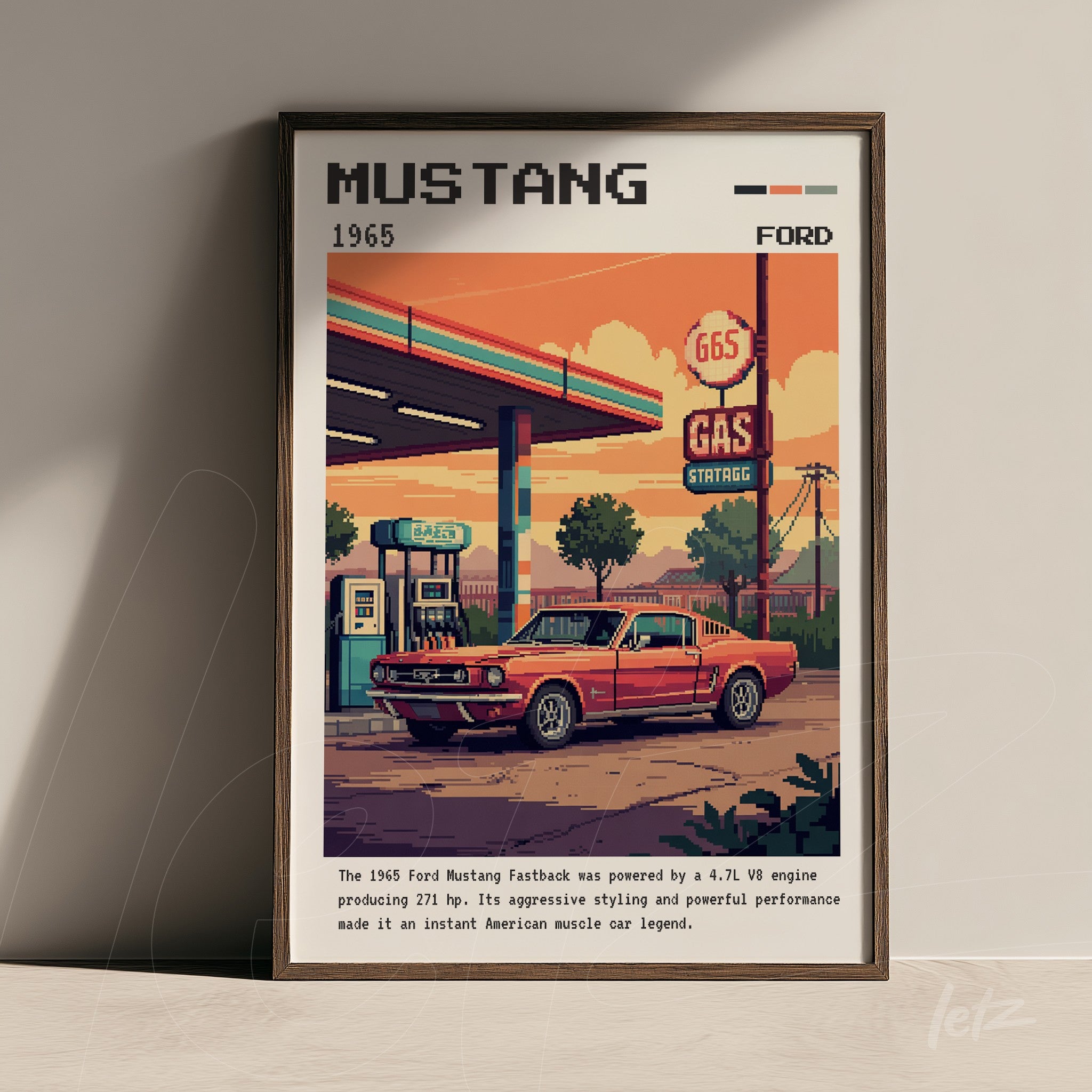 framed pixel art of a 1965 Ford Mustang at a gas station with a dark brown frame