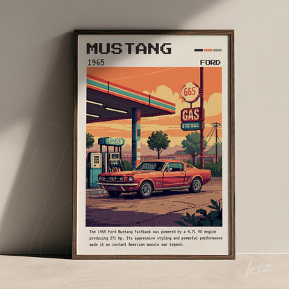 framed pixel art of a 1965 Ford Mustang at a gas station with a dark brown frame