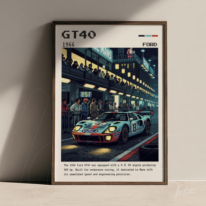 framed digital art of the 1966 Ford GT40 race car in a racing pit scene