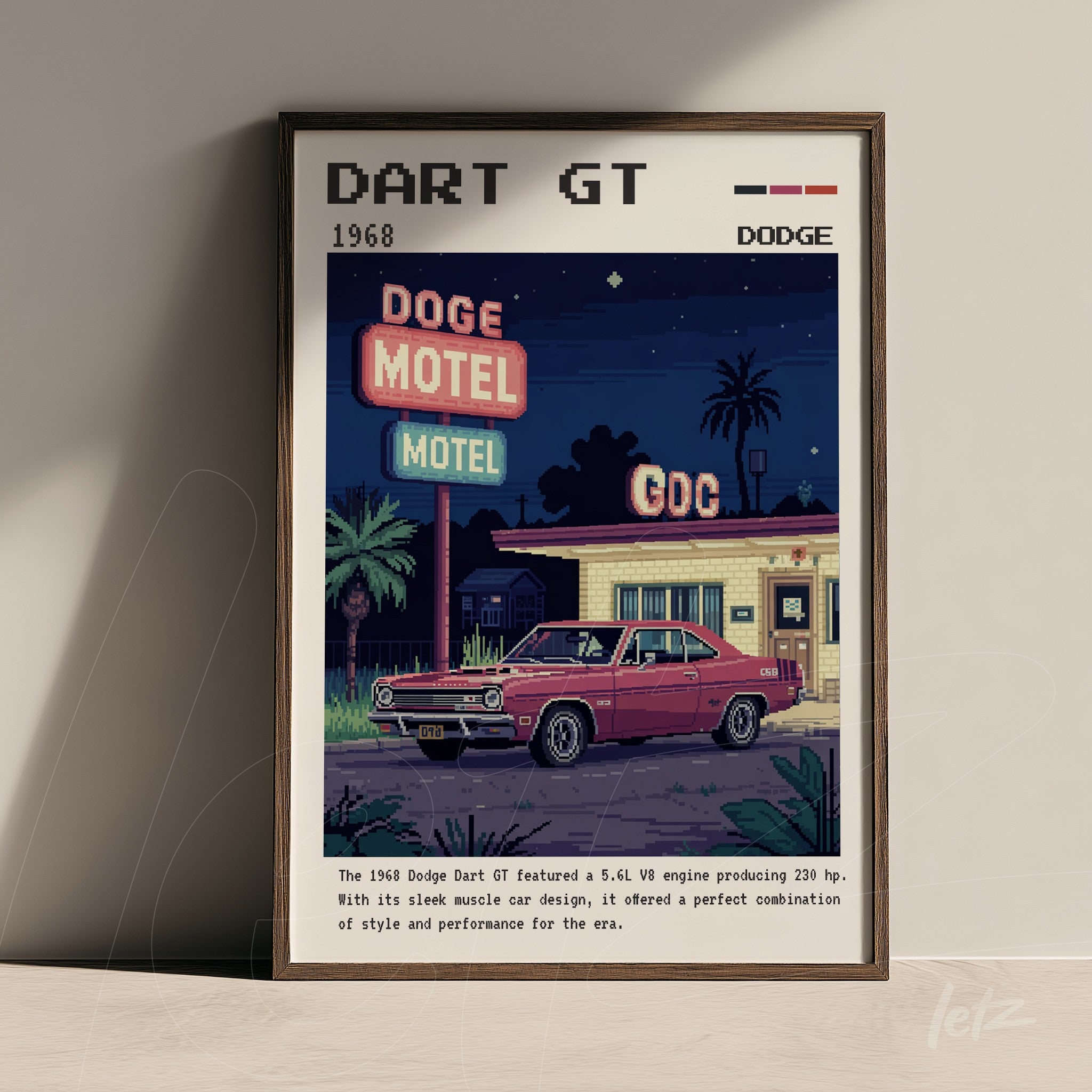 retro art print of a 1968 Dodge Dart GT parked in front of a motel, featuring a night background and illuminated signage