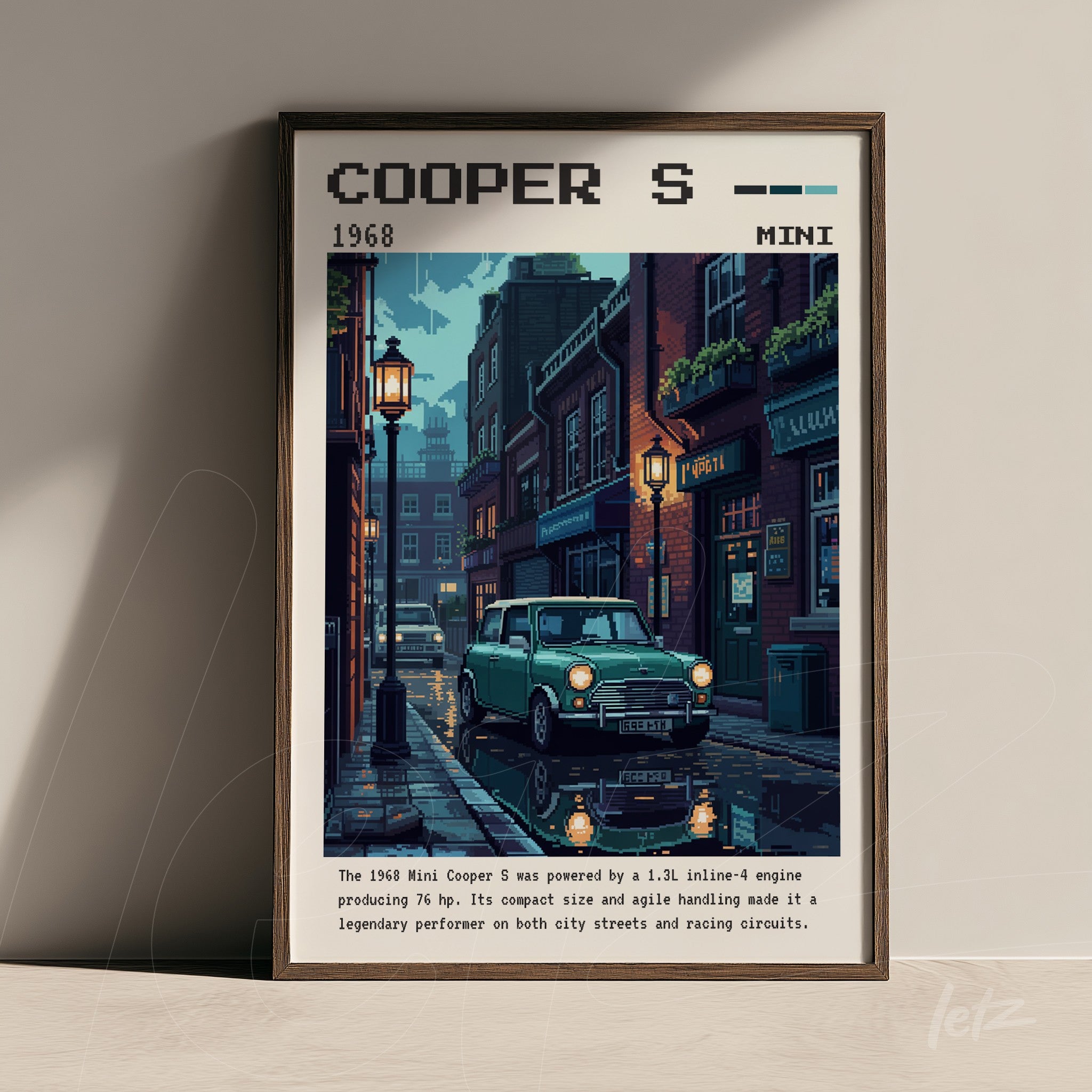 framed artwork depicting a 1968 Mini Cooper S on an urban street at night, illuminated by street lamps with a retro aesthetic and details of vintage architecture