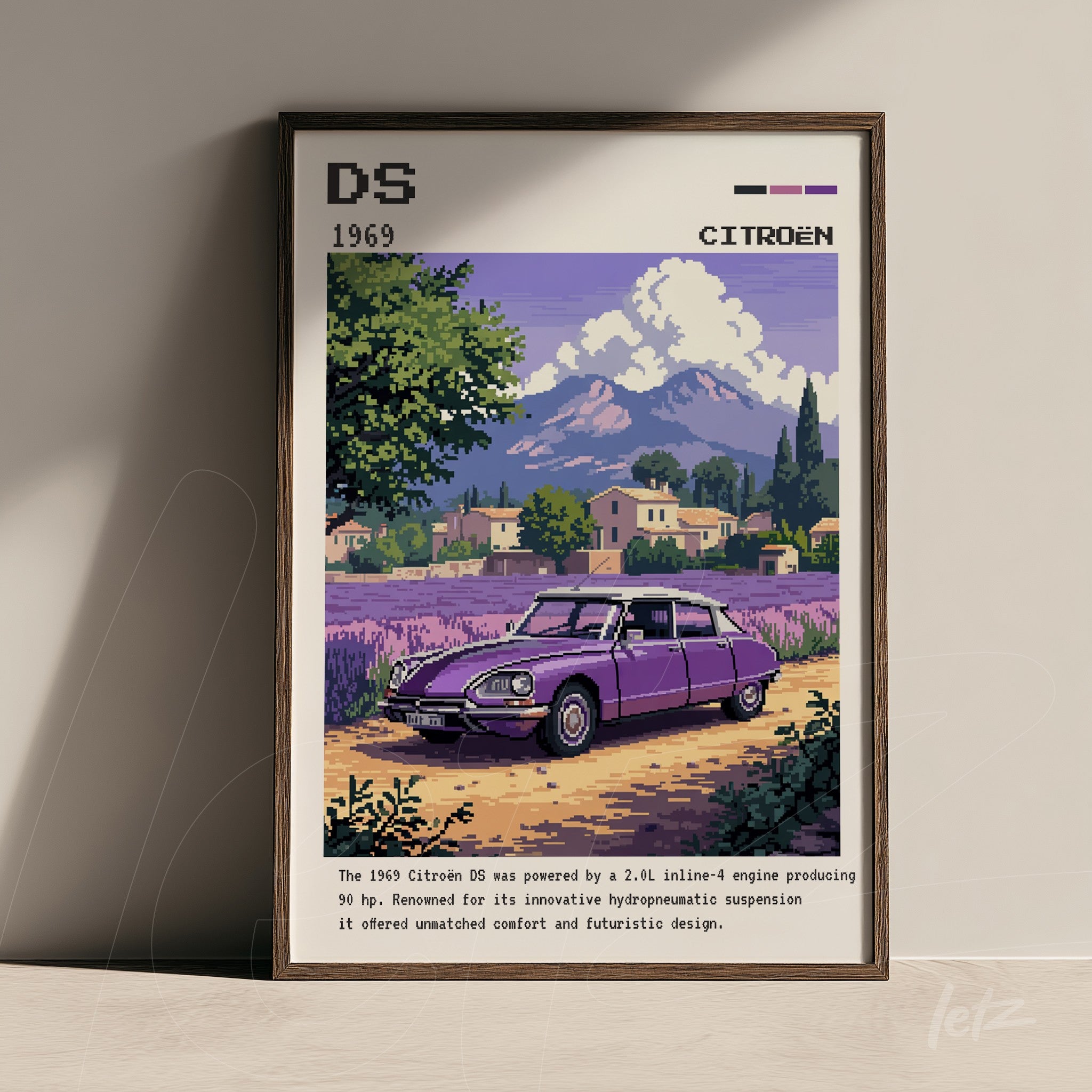 pixel art framed illustration of a purple Citroën DS car in a rural landscape with mountains and lavender fields in the background
