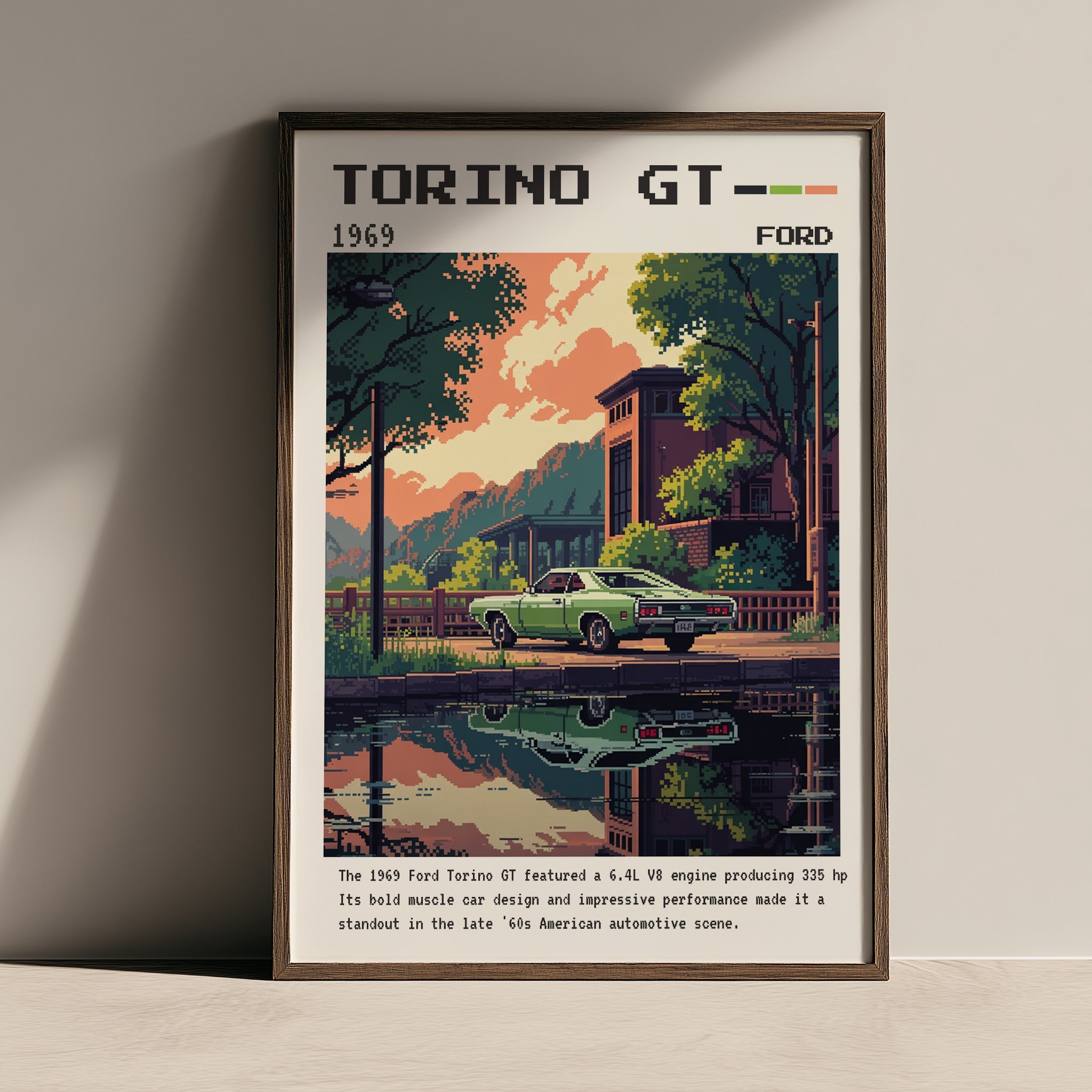 retro framed art of 1969 Ford Torino GT showcasing a car in an urban sunset scene with rich colors