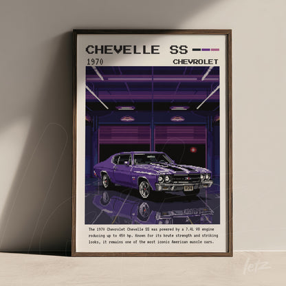 retro style digital art of a 1970 Chevelle SS car in dark frame