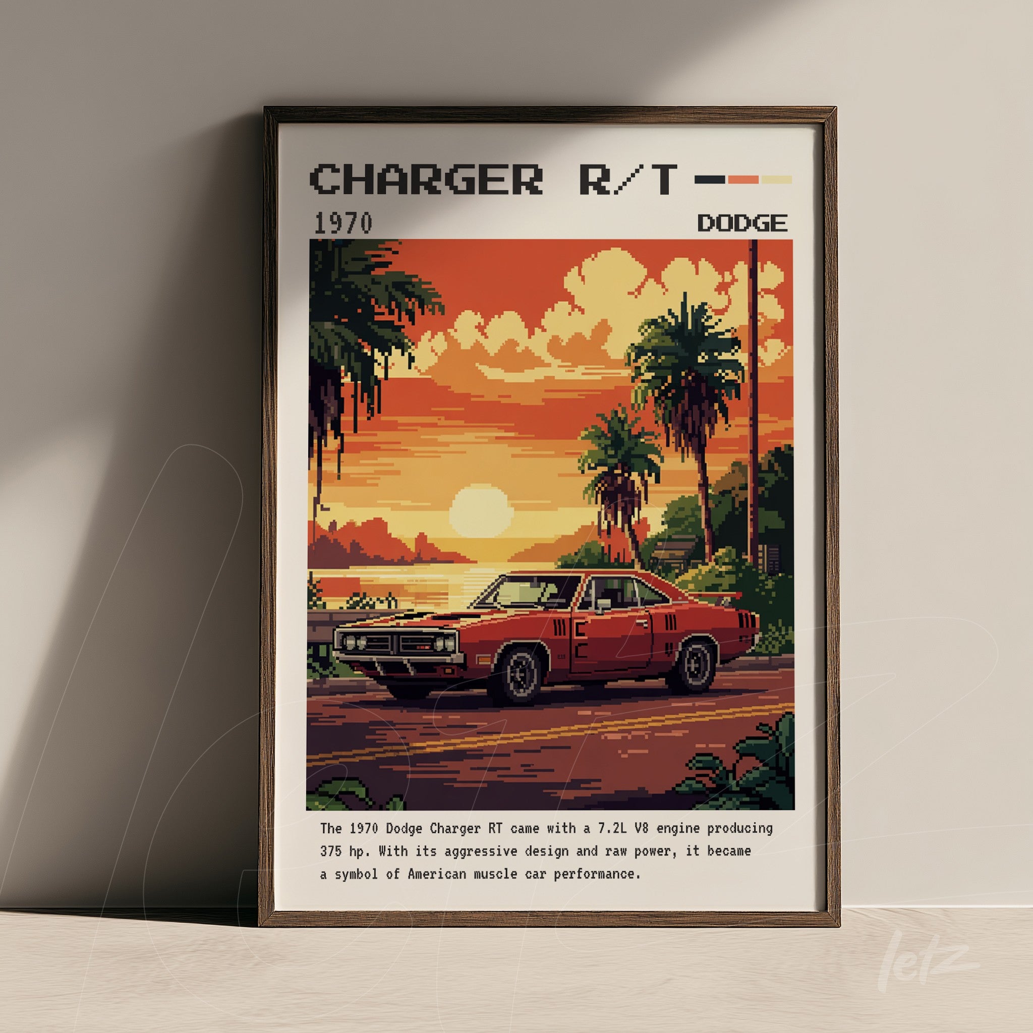 retro wall art featuring a 1970 Dodge Charger R/T in dark frame