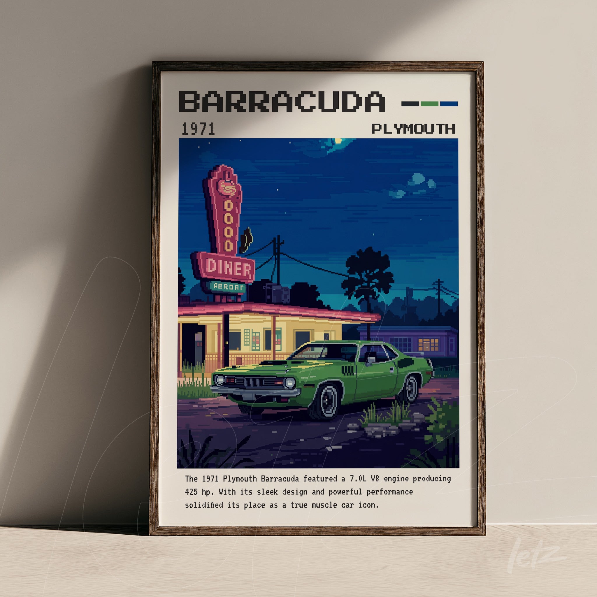 framed digital art of a green plymouth barracuda in front of a diner with dark brown frame