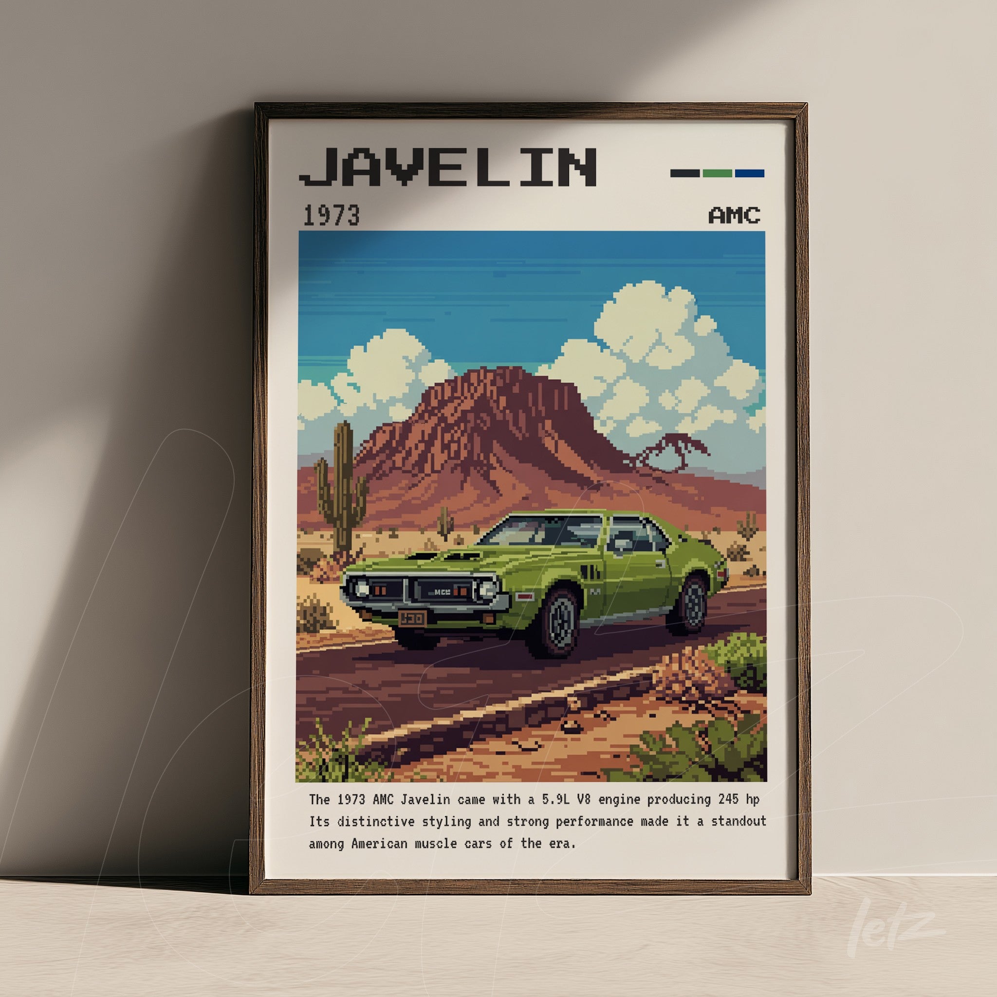 framed artwork of 1973 Javelin car with dark frame featuring a mountainous background and cacti