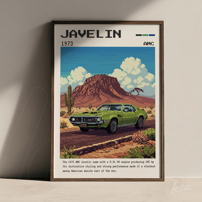 framed artwork of 1973 Javelin car with dark frame featuring a mountainous background and cacti