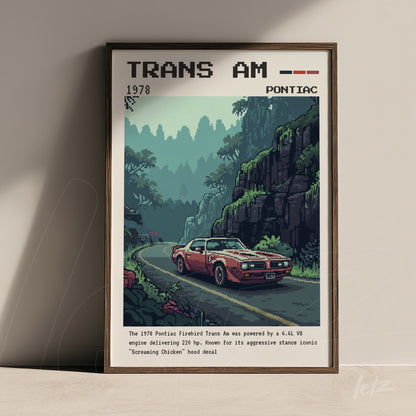 pixel art framed print of pontiac trans am on winding road with mountains in the background and brown frame