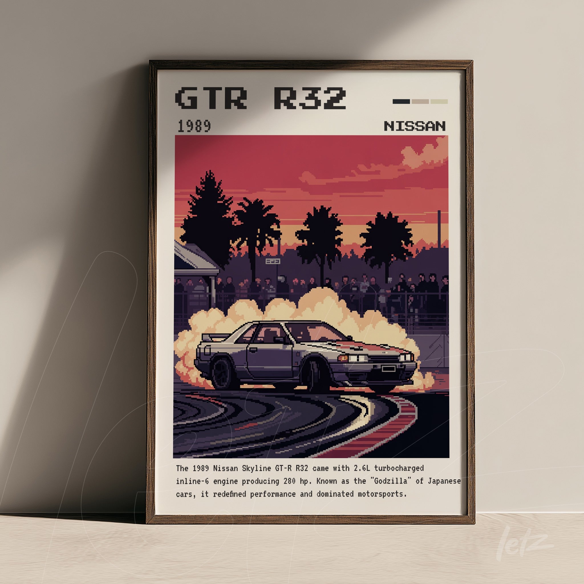 retro style wall art of Nissan GT-R R32 drifting with dark frame