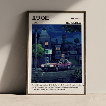 framed pixel art of Mercedes-Benz 190E car depicting a nighttime urban scene with soft lighting