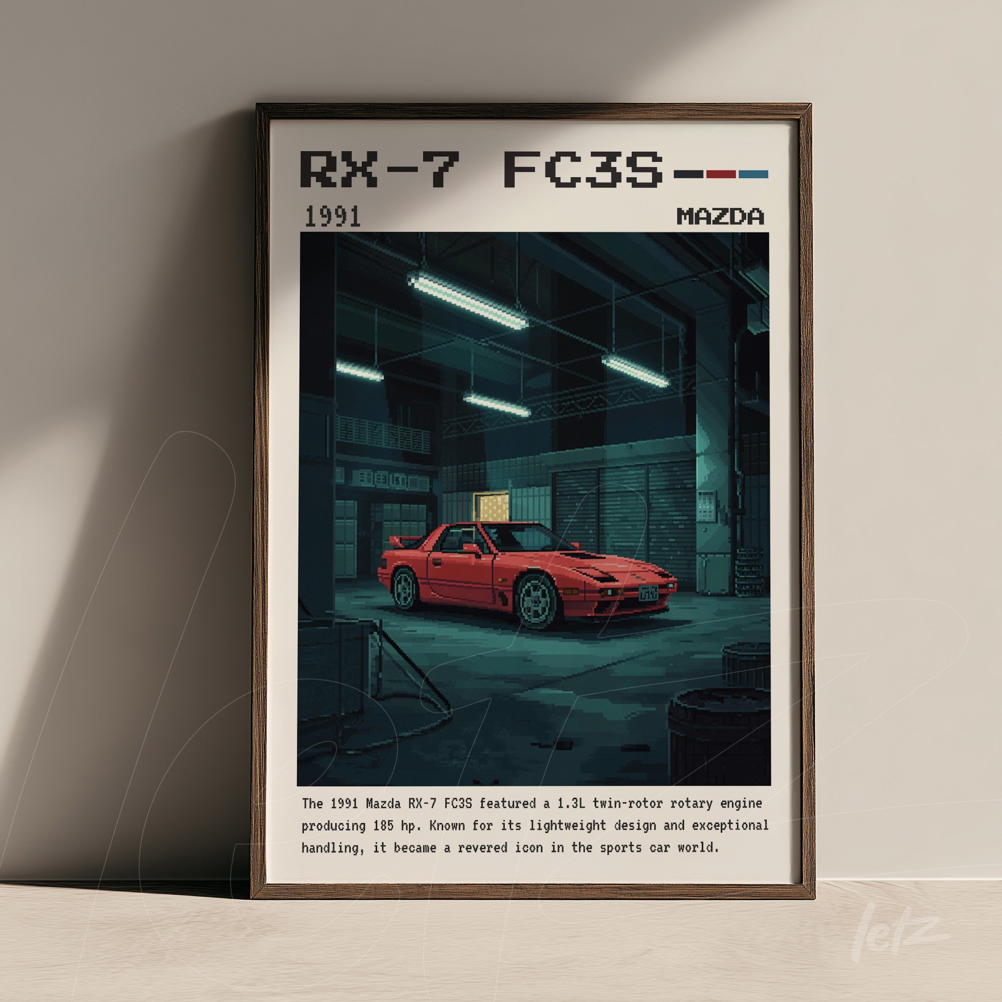 framed digital art of a red Mazda RX-7 FC3S in a garage setting, featuring pixel art details and dark frame
