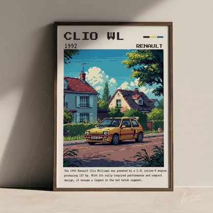 framed digital art of a 1992 Renault Clio Williams in a peaceful street scene with houses and trees featuring the yellow car