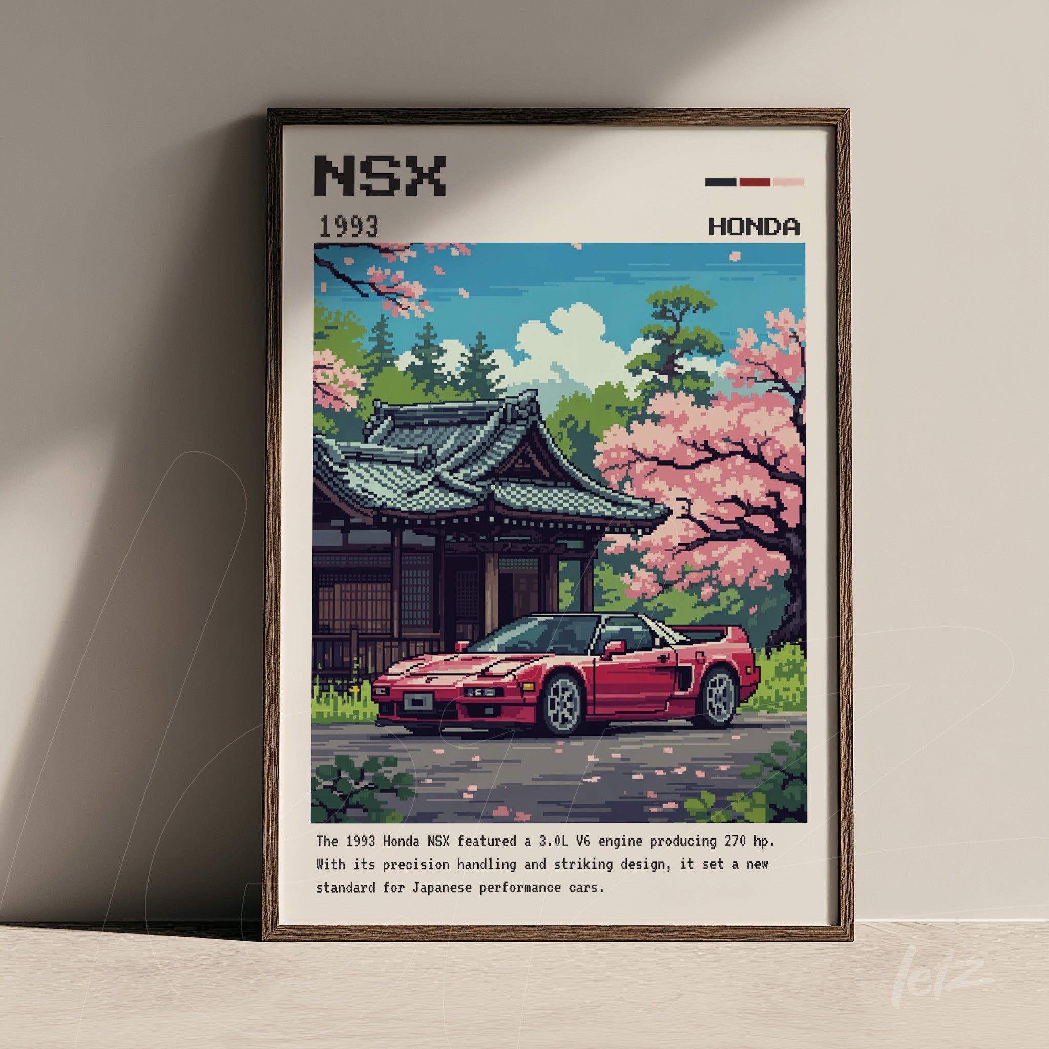 framed pixel art of the 1993 Honda NSX sports car with a dark frame and an oriental landscape background featuring cherry blossom trees