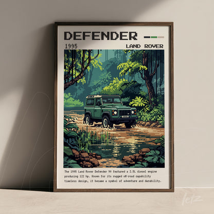 retro style framed art featuring pixel illustration of a Land Rover Defender in a natural setting with lush greenery
