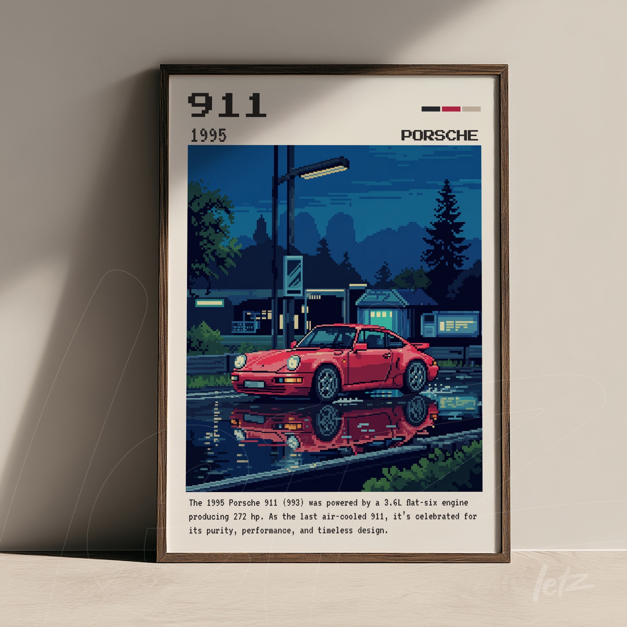 framed digital artwork of a 1995 Porsche 911 car reflecting in a puddle under streetlight