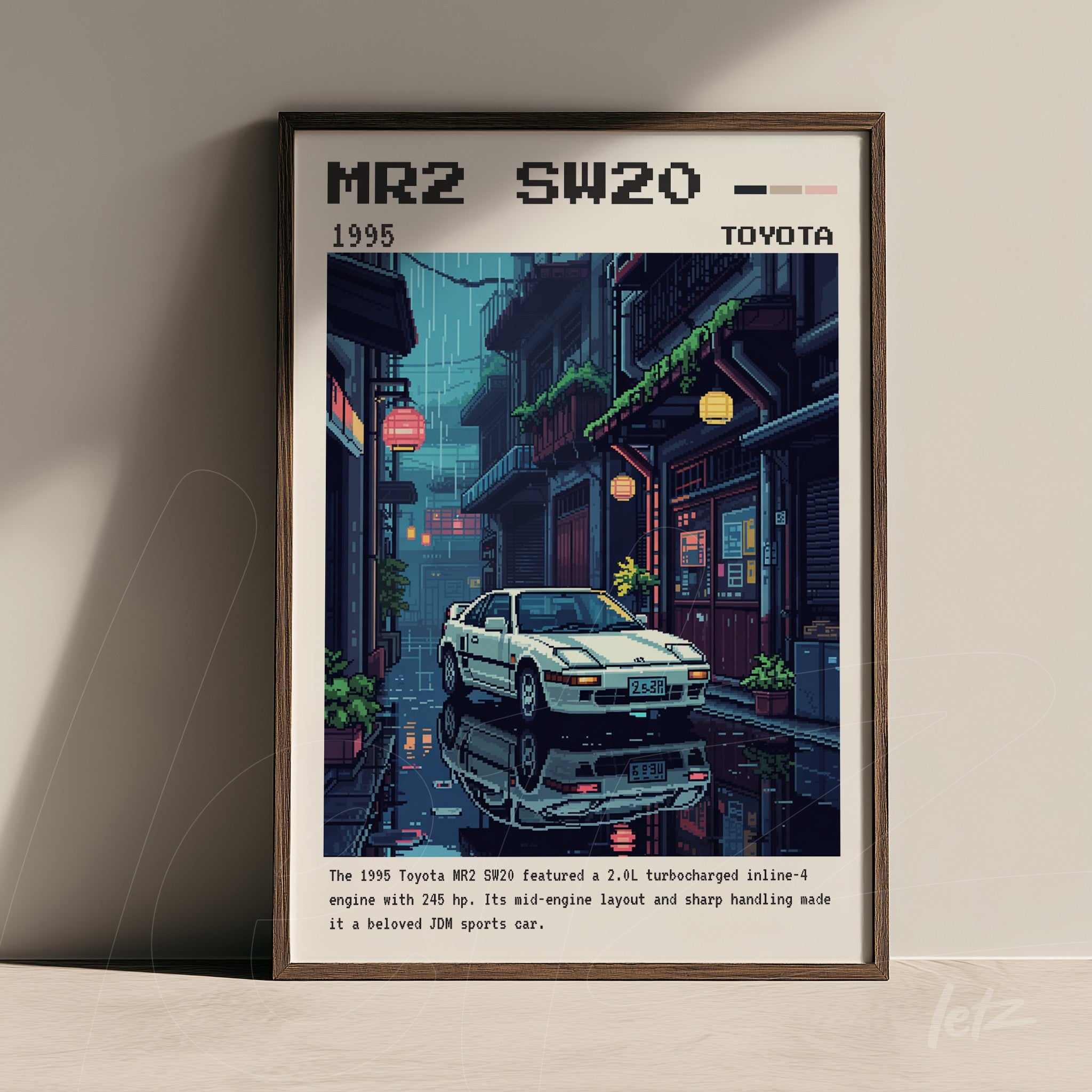 framed digital art of a Toyota SW20 car in a retro style on a vibrant street illuminated by lanterns