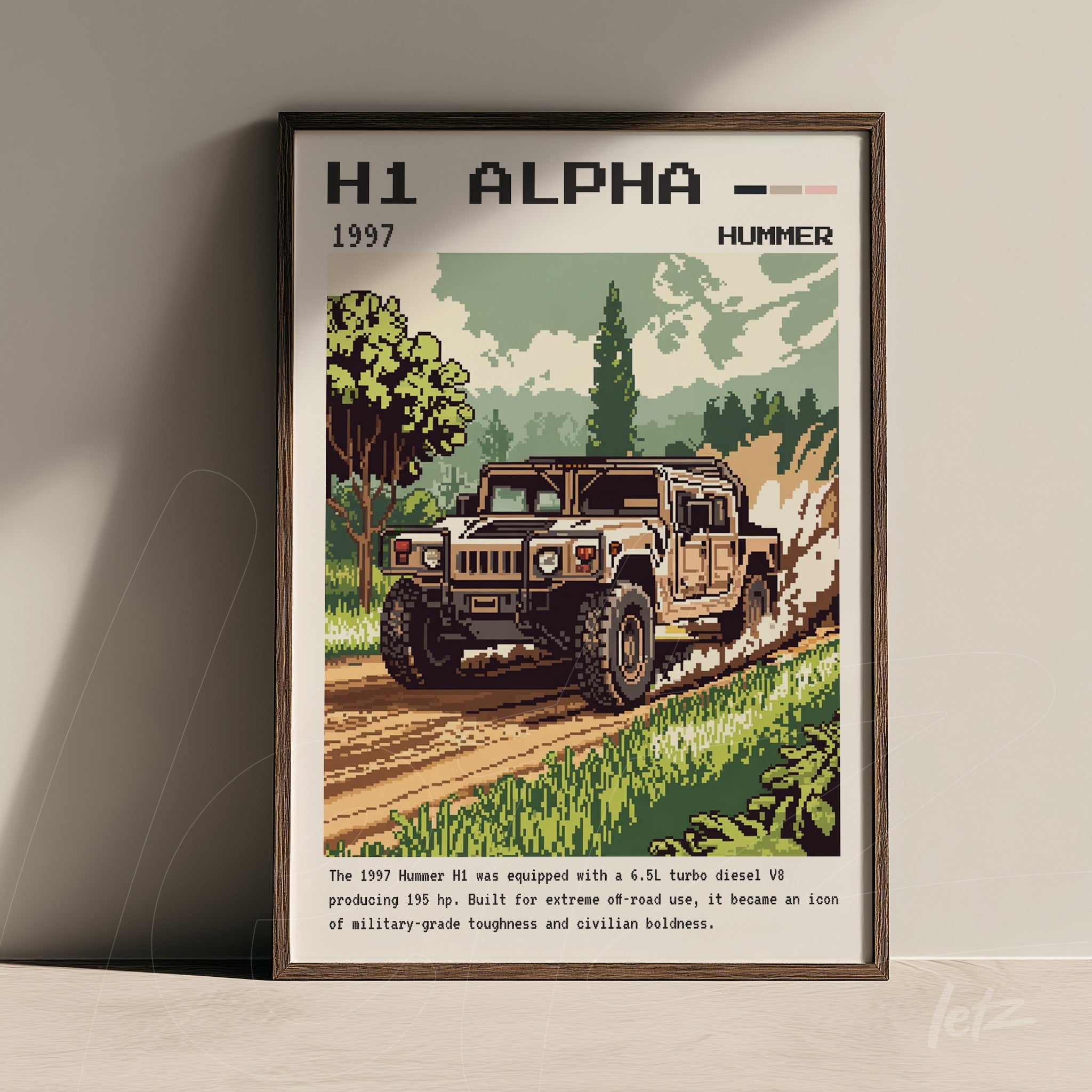 framed retro art of the 1997 Hummer H1 on an off-road trail with trees in the background and clear sky