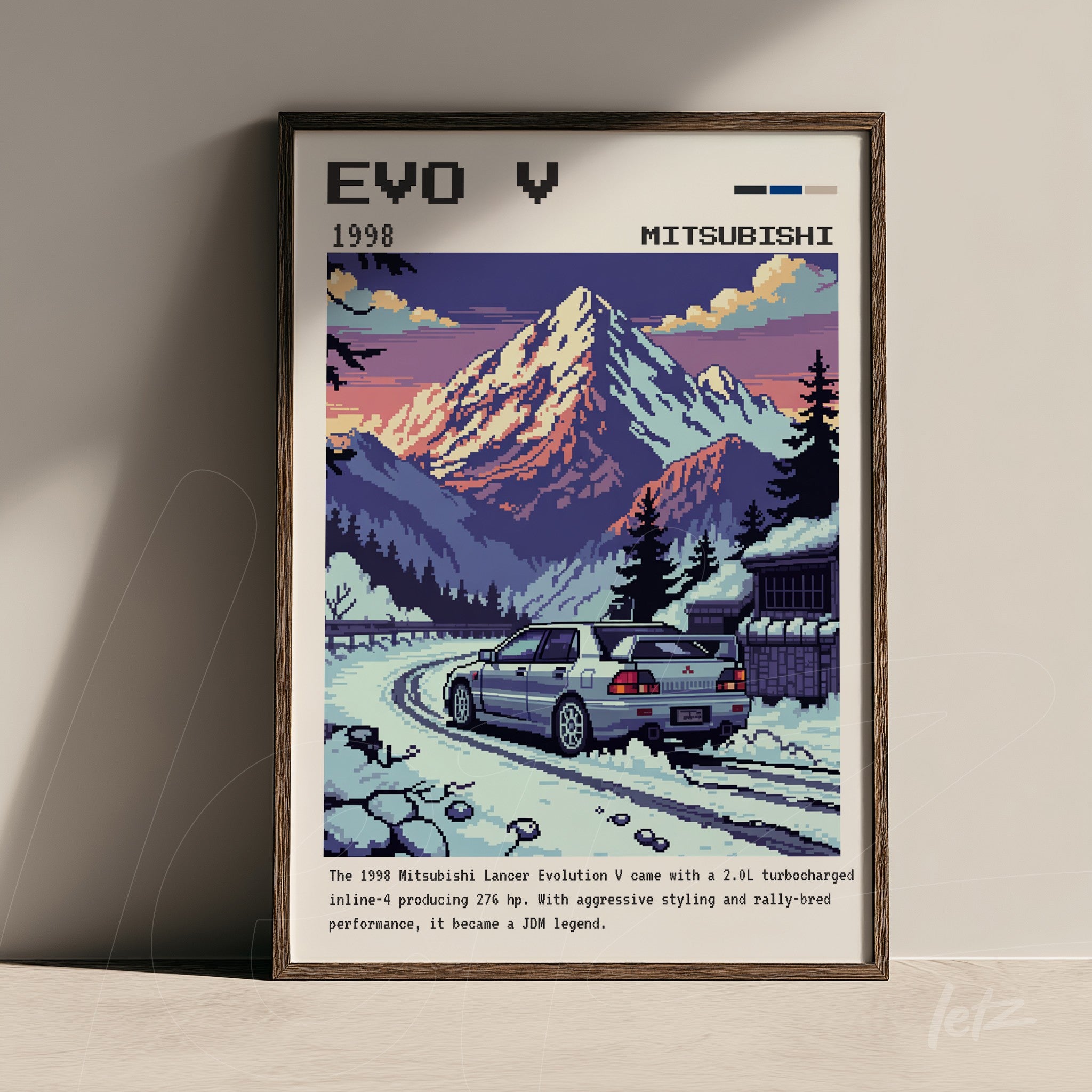 framed pixel art of Mitsubishi Lancer Evolution V in mountainous landscape