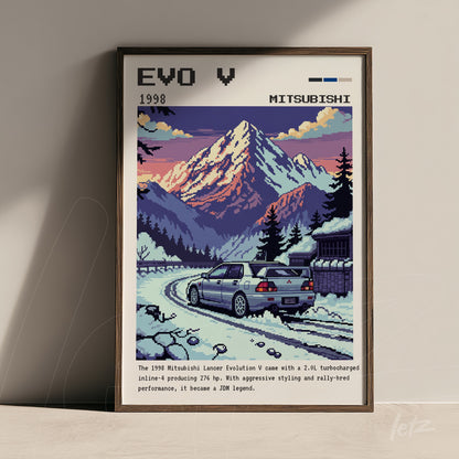 framed pixel art of Mitsubishi Lancer Evolution V in mountainous landscape