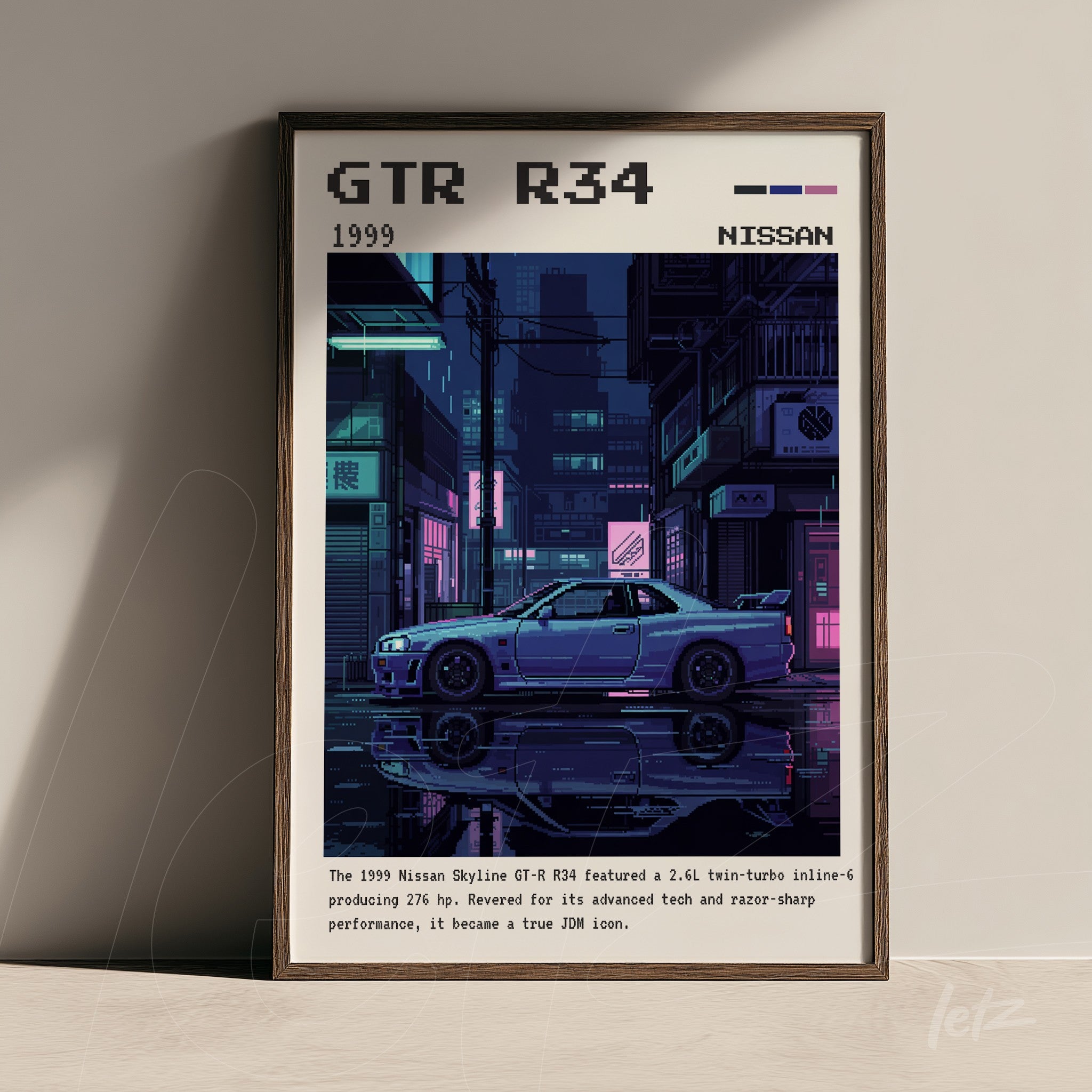 digital artwork of Nissan GTR R34 in a nighttime urban setting with dark wooden frame