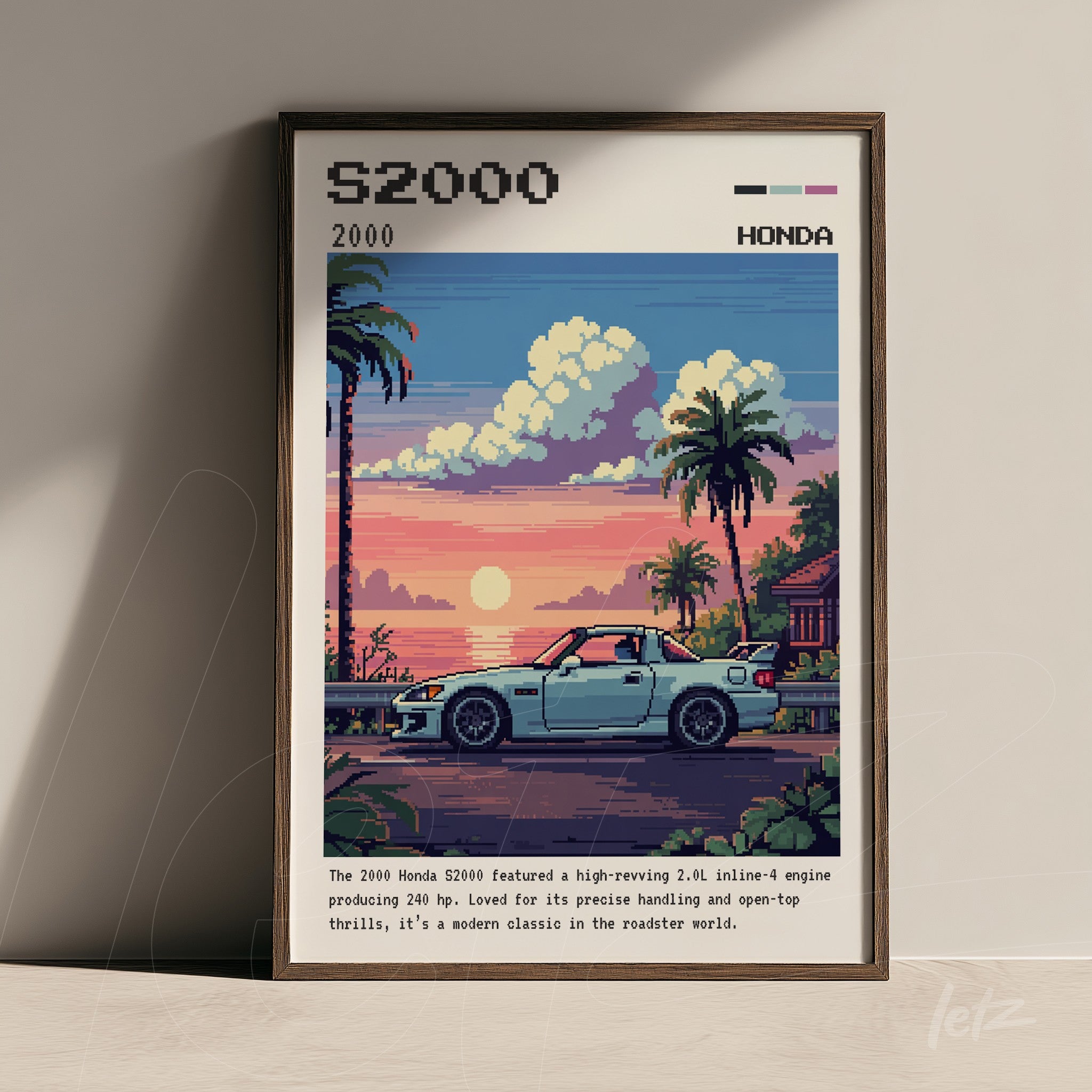 pixel art framed illustration of a Honda S2000 in a tropical setting with a colorful sky in the background