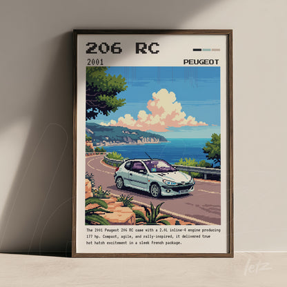 pixel art framed wall art of a Peugeot 206 RC car driving along a coastal road surrounded by greenery