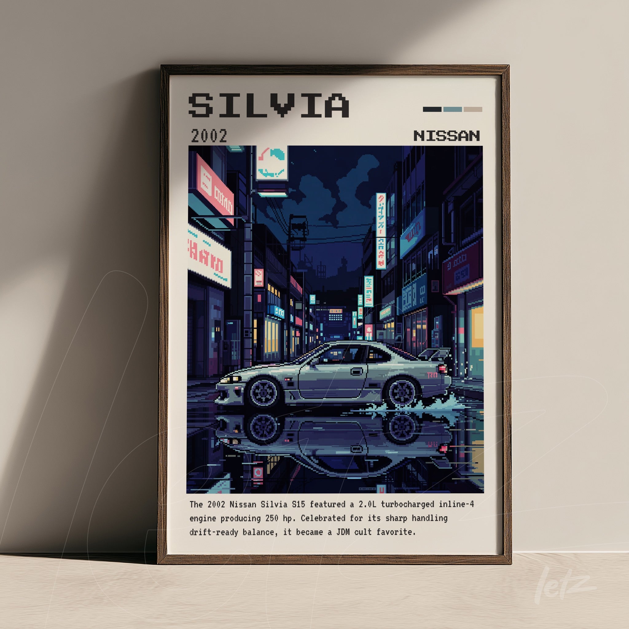 framed digital artwork of a Nissan Silvia car in retro style reflecting city lights at night