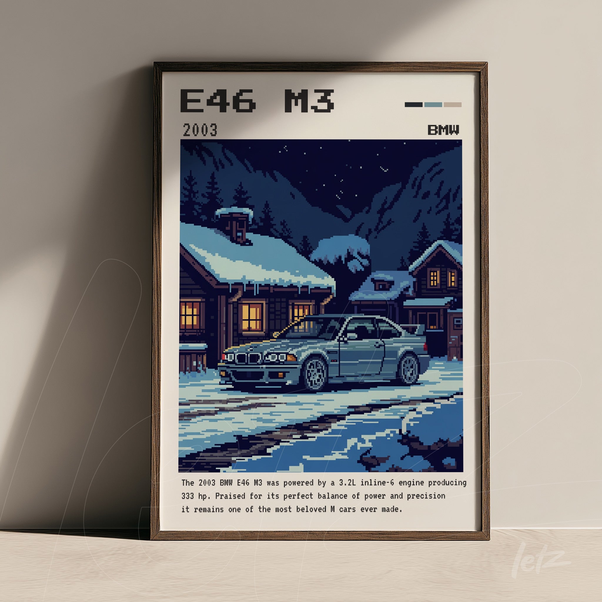 framed pixel art of a silver BMW E46 M3 in a snowy mountain landscape with cabins in the background