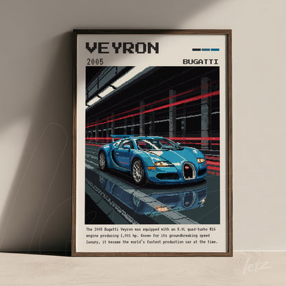 framed digital art of Bugatti Veyron featuring model details with dark frame