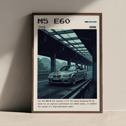 retro style digital art of a BMW M5 E60 on a well-lit track with dark frame