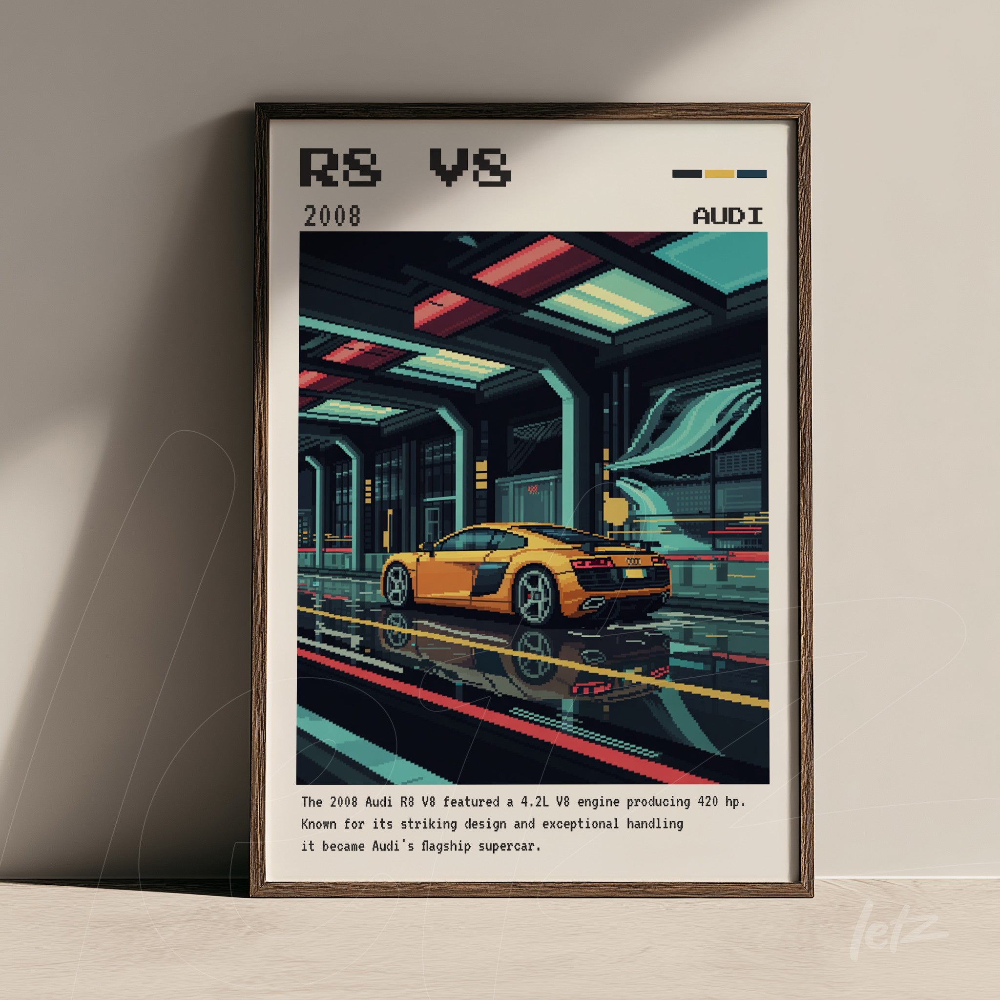 framed pixel art of a yellow sports car on a futuristic track with blue and red accents