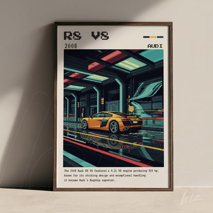 framed pixel art of a yellow sports car on a futuristic track with blue and red accents