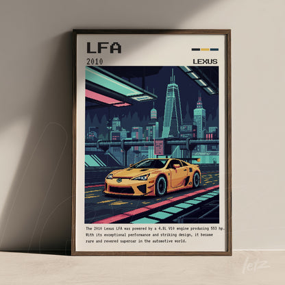 framed wall art featuring a yellow sports car on a retro urban background with black frame